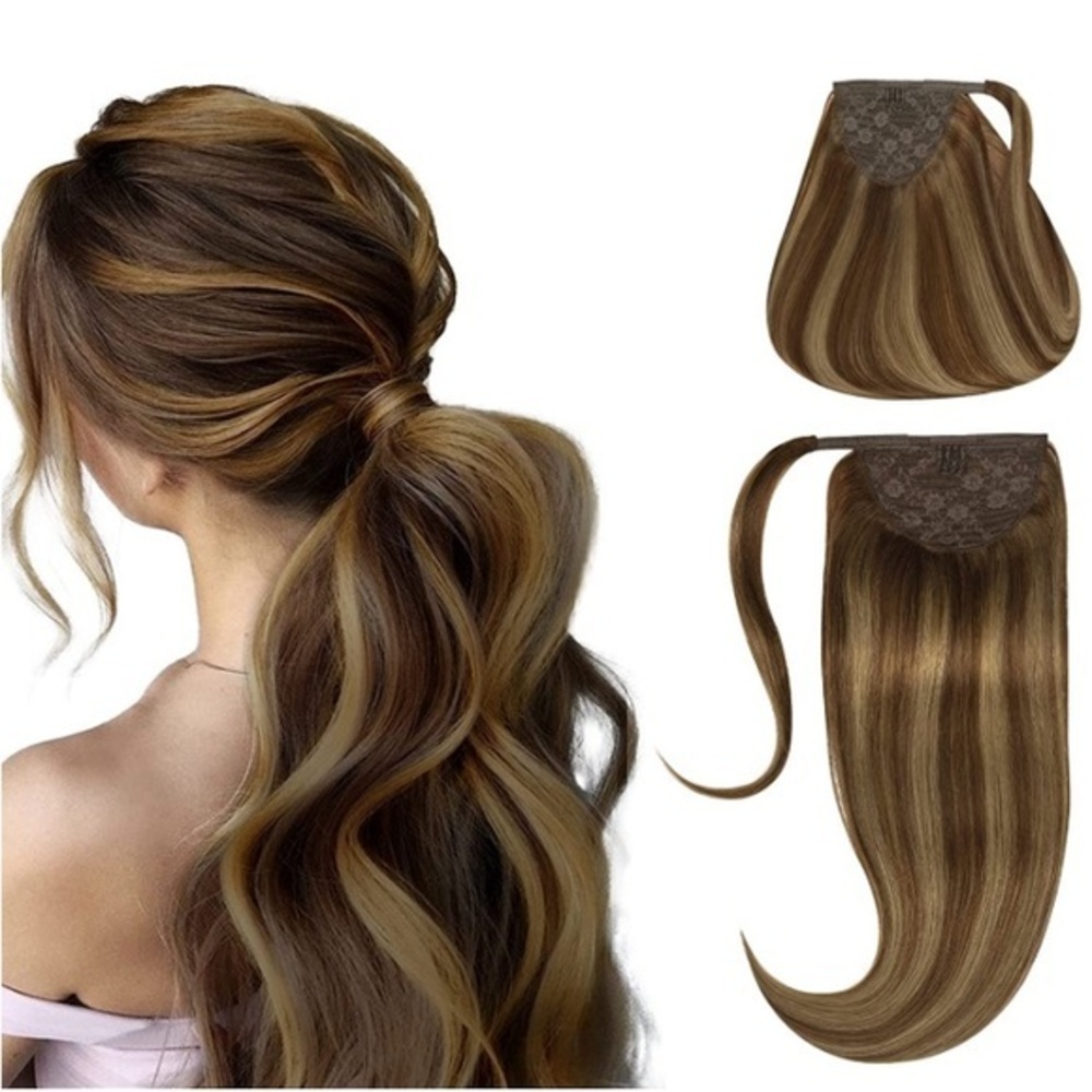 22” or 20” Dark & Med Brown Ponytail Extension 100% Human Hair Wrap Around 90g